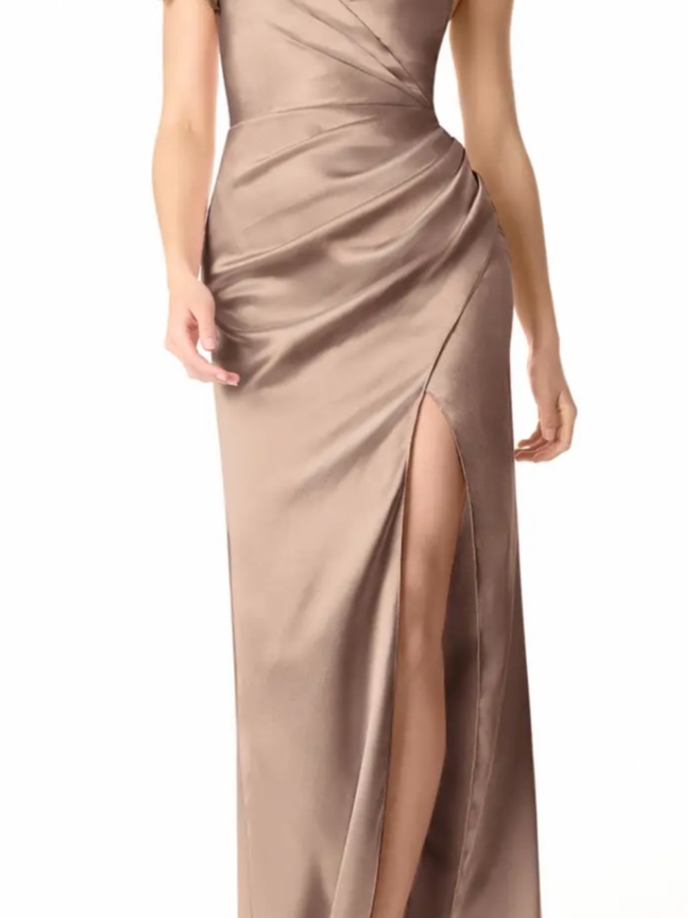 Azazie Satin Taupe Evening Gown with High Thigh Slit